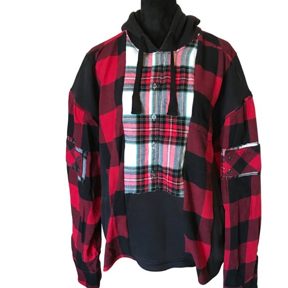 Upcycled Patchwork Hoodie XL/1X: Boho Grunge Black & Red Flannel Sweatshirt - Picture 8 of 10